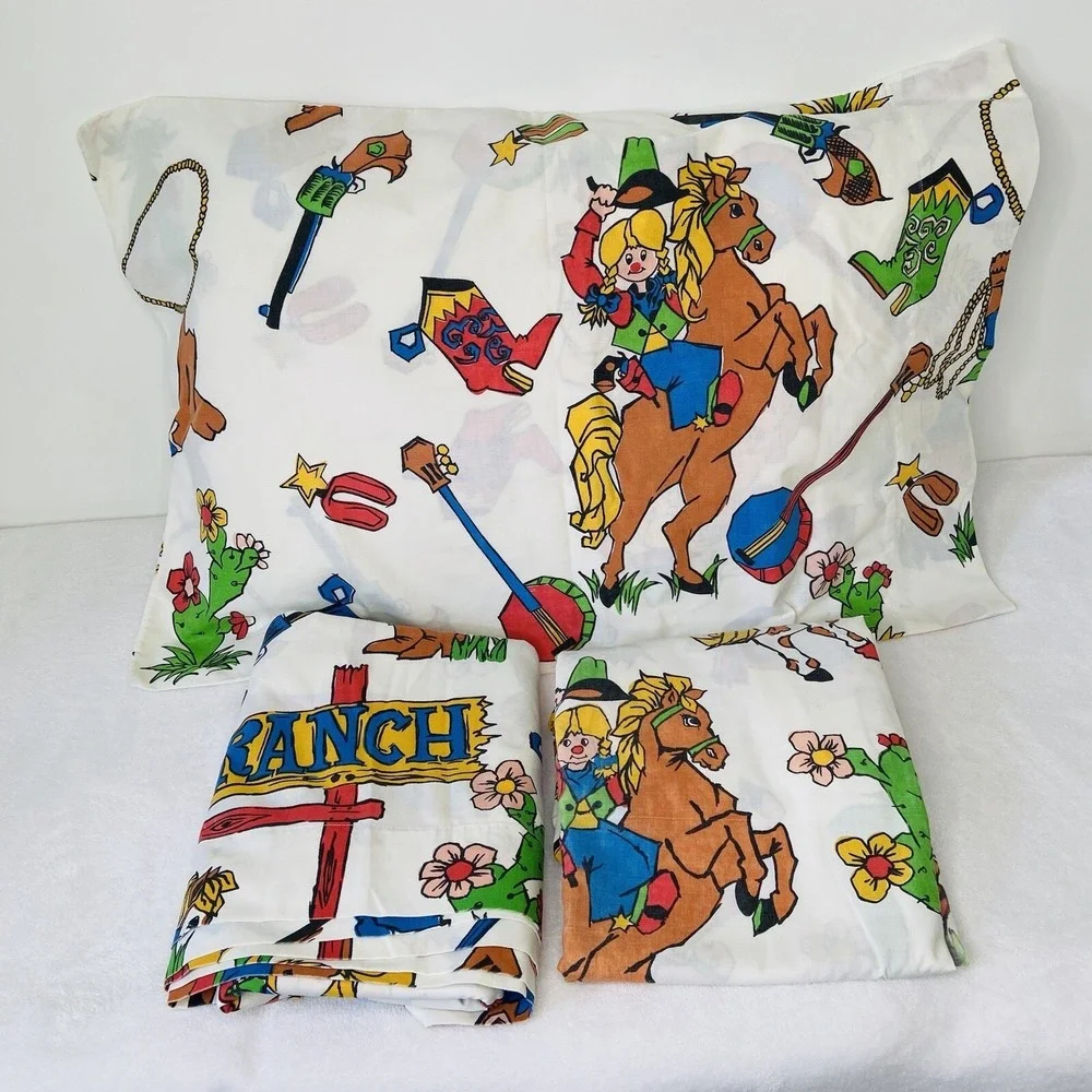 Cannon Western Cowboy Cowgirl Bar B Ranch Farm Rodeo Twin Size Sheet Set 1960's